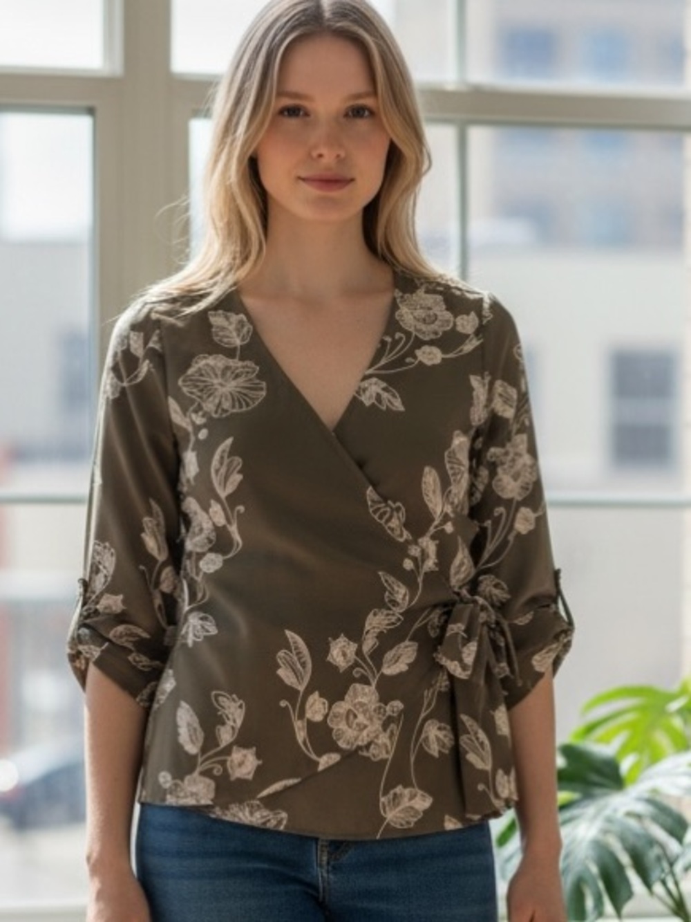 West Kei Olive Floral Wrap Top with Cream Print